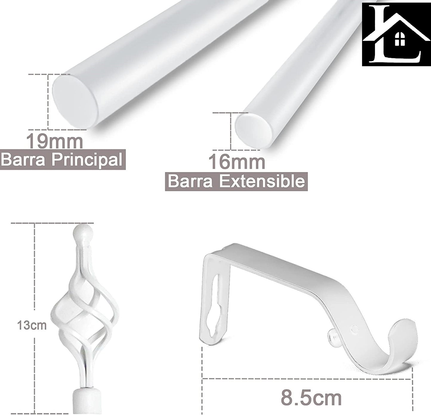 Barra Extensible para Cortina con terminales en Estilo de Moderno - Barra Cortina Básica Rectángula incluiye Soportes y Anillos de Plásticos