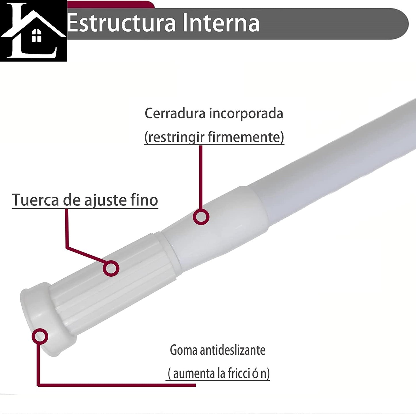 Barra Extensible Ajustable de Aluminio para baño, ropero, Armario y Cocina. Fácil Montaje, sin taladros ni Tornillos. Barra de tensión telescópica