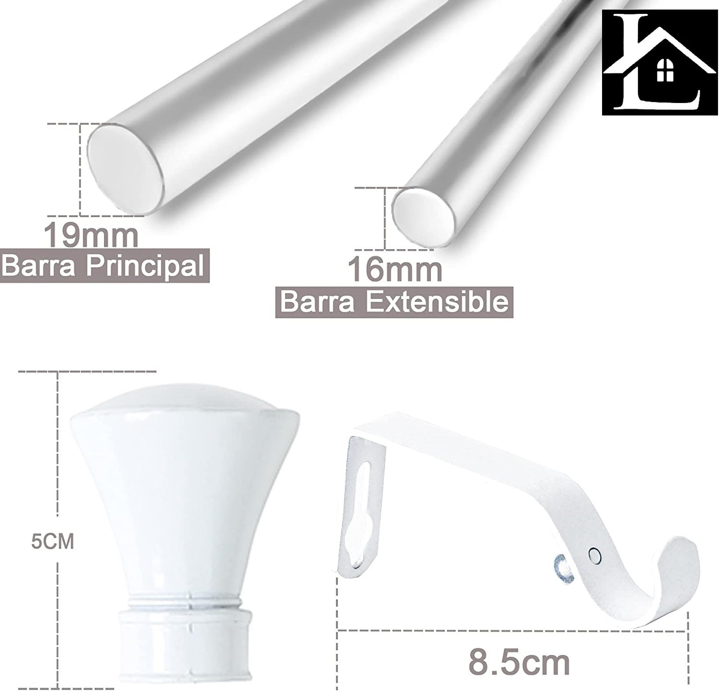 Barra Extensible para Cortina con terminales en Estilo de Rústico - Barra Cortina Decolativa incluiye Soportes y Anillos de Plásticos