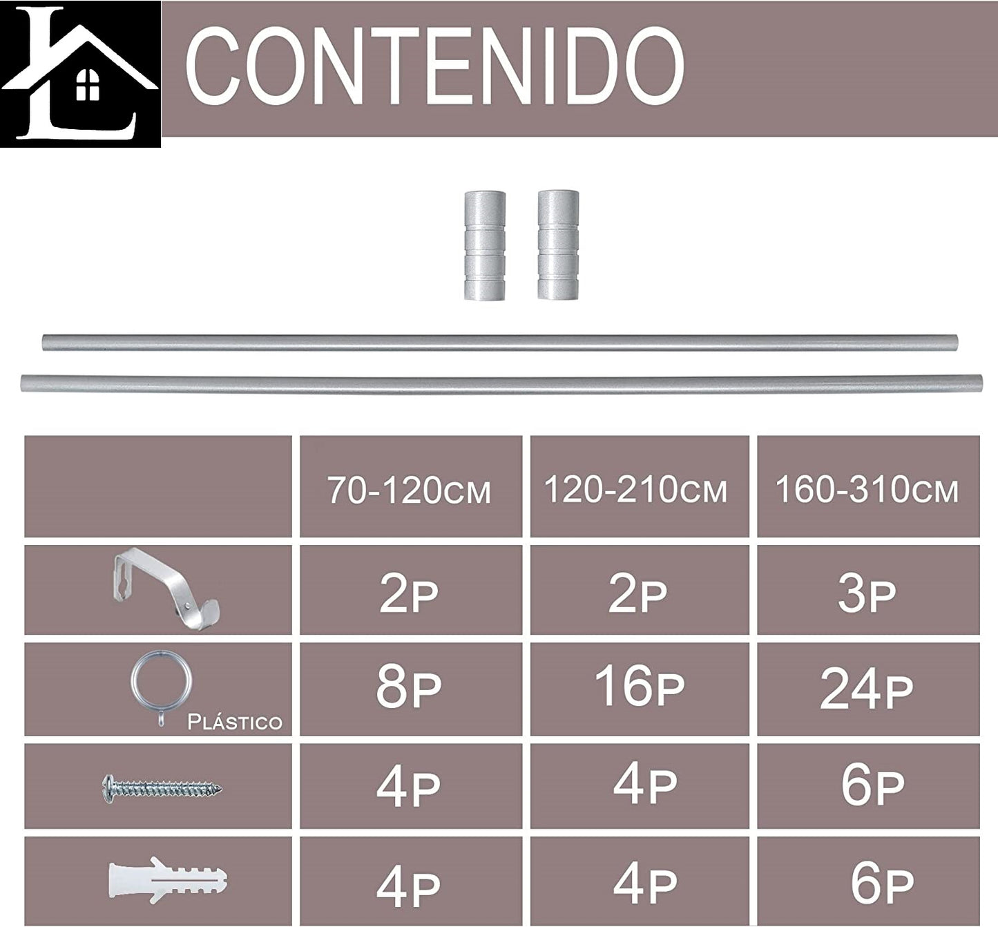 Barra Extensible para Cortina con terminales en Estilo de Rural - Barra Sencilla Forja Universal Extensible Decolativa con Soportes y Anillos de Plásticos