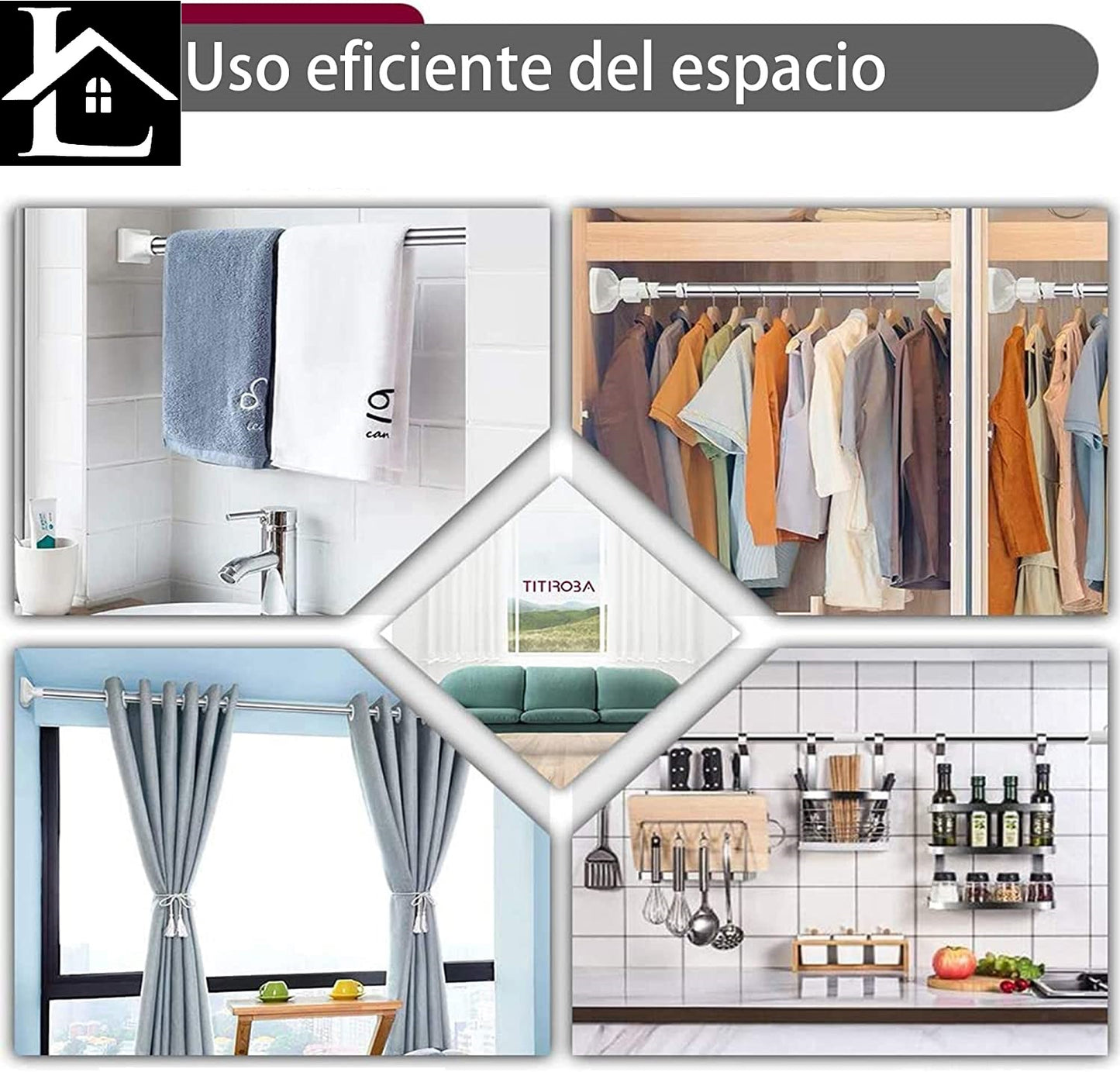 Barra Extensible Ajustable de Aluminio para baño, ropero, Armario y Cocina. Fácil Montaje, sin taladros ni Tornillos. Barra de tensión telescópica