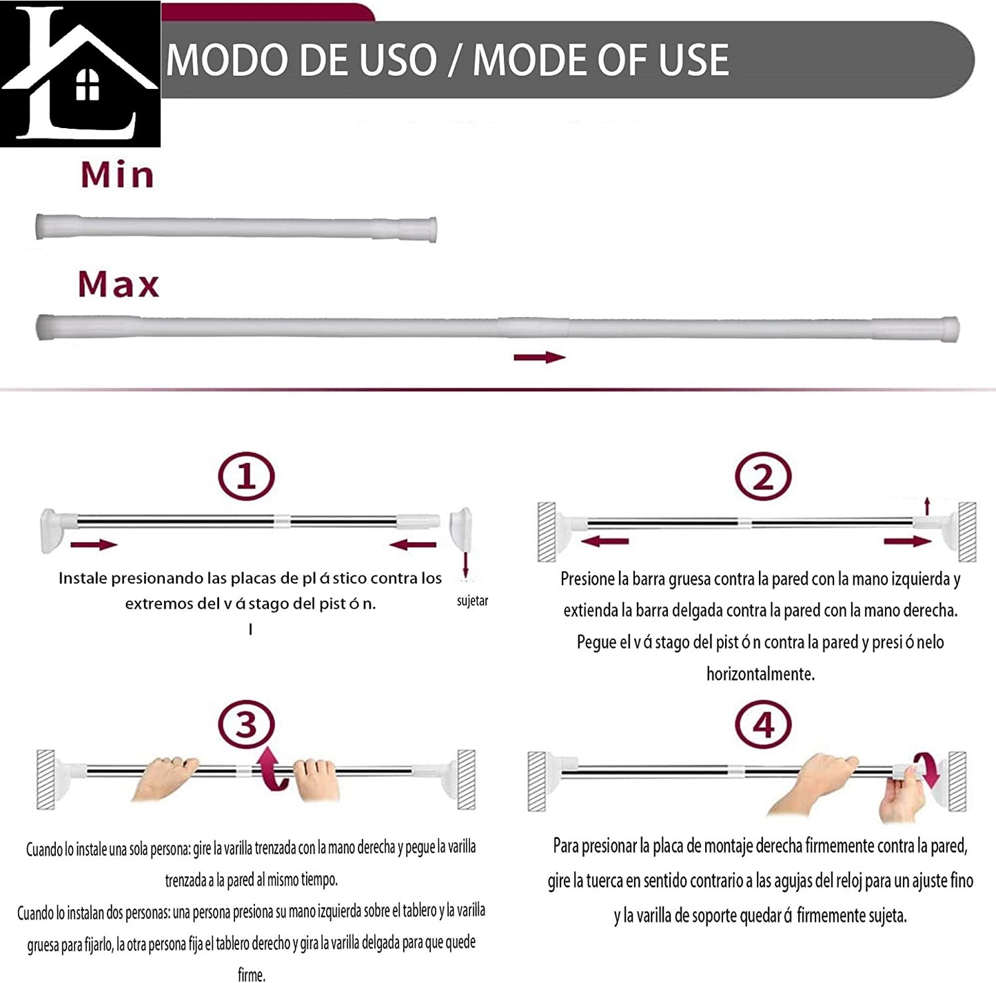 Barra Extensible Ajustable de Aluminio para baño, ropero, Armario y Cocina. Fácil Montaje, sin taladros ni Tornillos. Barra de tensión telescópica