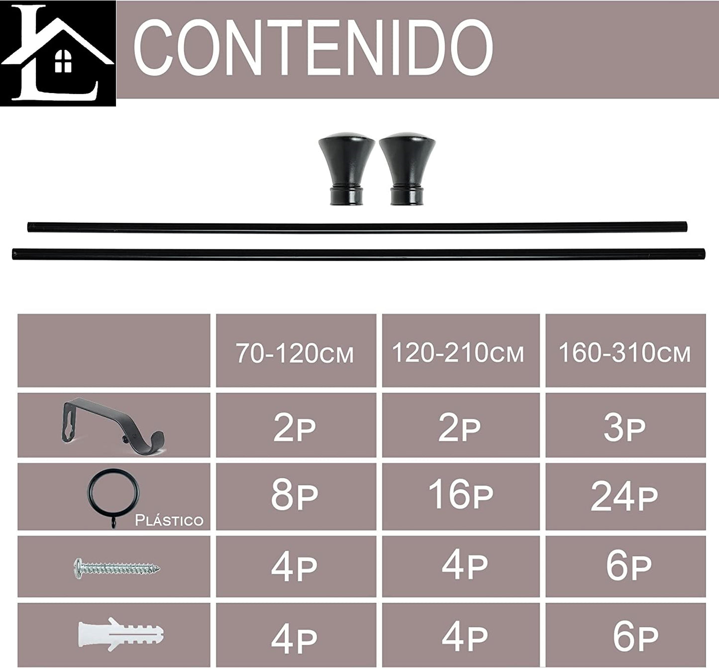 Barra Extensible para Cortina con terminales en Estilo de Rústico - Barra Cortina Decolativa incluiye Soportes y Anillos de Plásticos