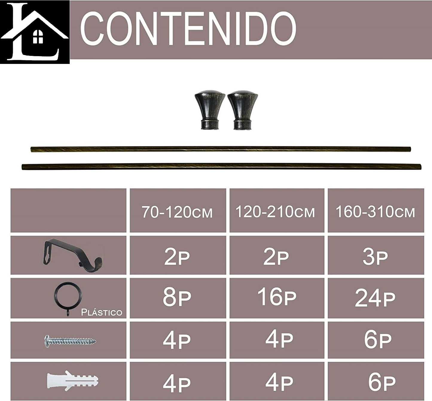 Barra Extensible para Cortina con terminales en Estilo de Rústico - Barra Cortina Decolativa incluiye Soportes y Anillos de Plásticos