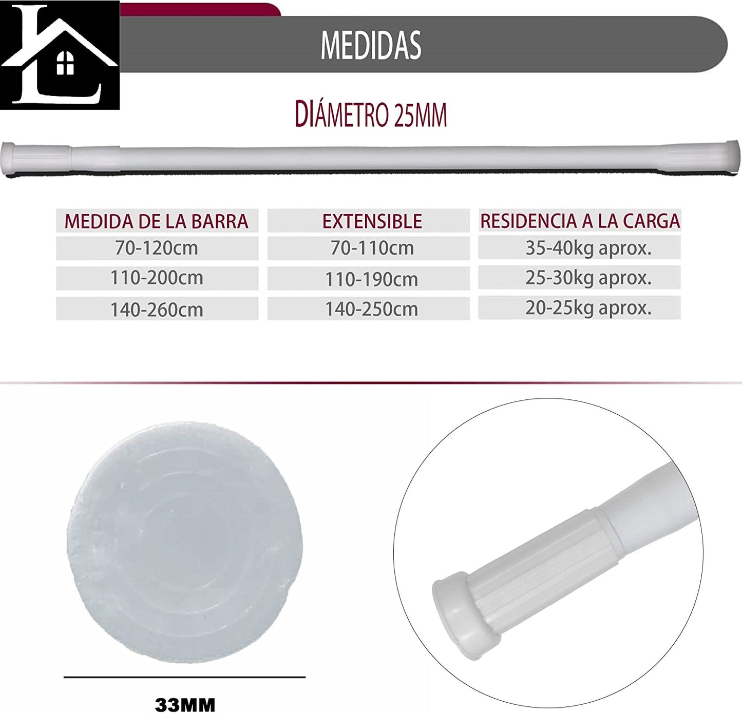 Barra Extensible Ajustable de Aluminio para baño, ropero, Armario y Cocina. Fácil Montaje, sin taladros ni Tornillos. Barra de tensión telescópica