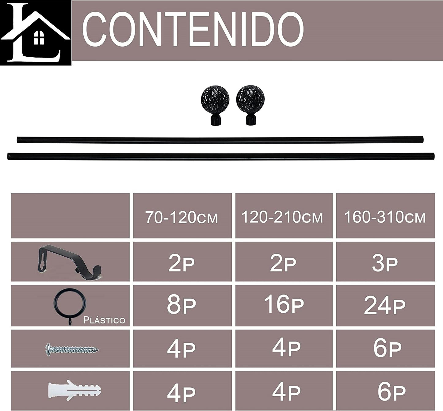 Barra Extensible para Cortina con terminales en Estilo de Moderno - Barra Cortina Básica Rectángula incluiye Soportes y Anillos de Plásticos