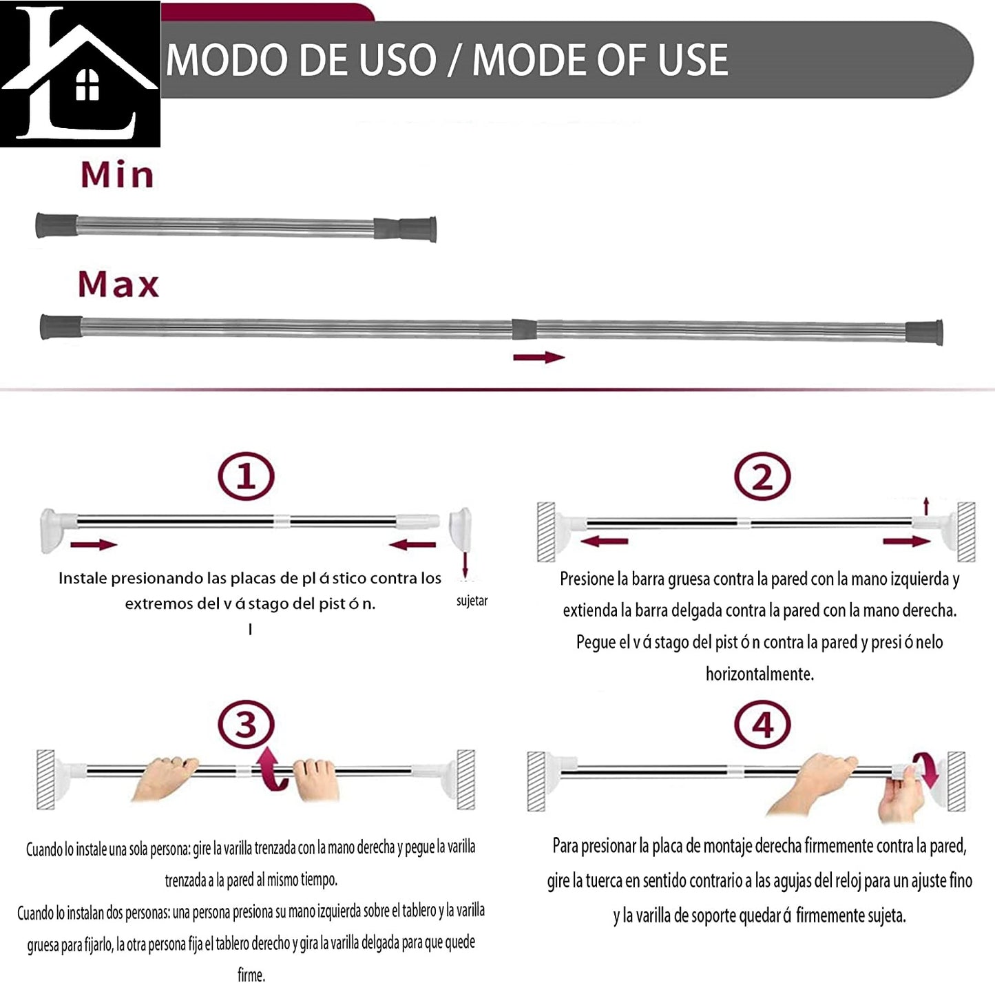 Barra Extensible Ajustable de Aluminio para baño, ropero, Armario y Cocina. Fácil Montaje, sin taladros ni Tornillos. Barra de tensión telescópica