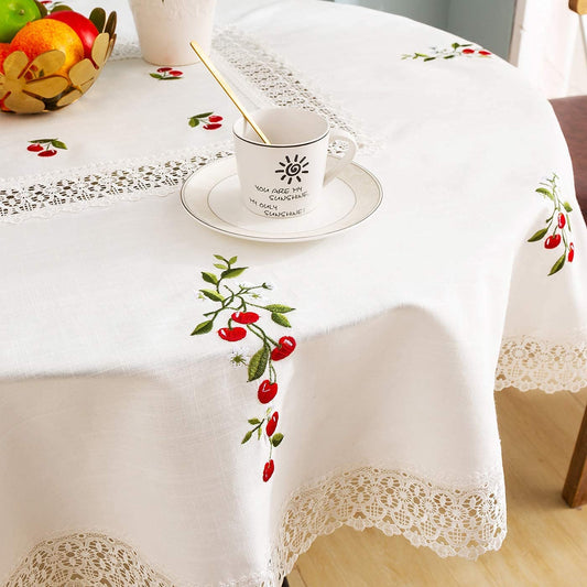 Manteles Redondo Algodon Lino - Mantel Decorativo con Diseño Bordado Cerezas para Mesa de Cocina - Comedor