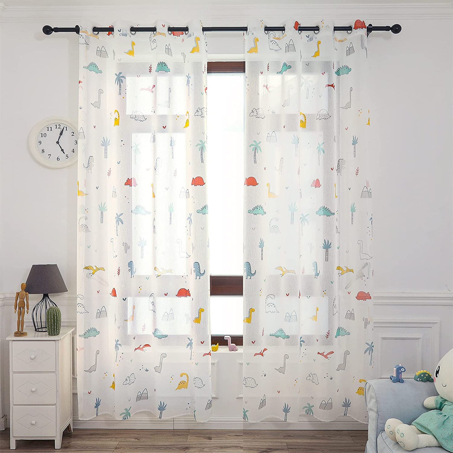 Cortinas Infantiles Niño Translucido Dos Paneles de 140x260cm- Cortinas Juveniles Animales para Habitación Sala de Estar 2 Piezas Patrón de Dinosaurio