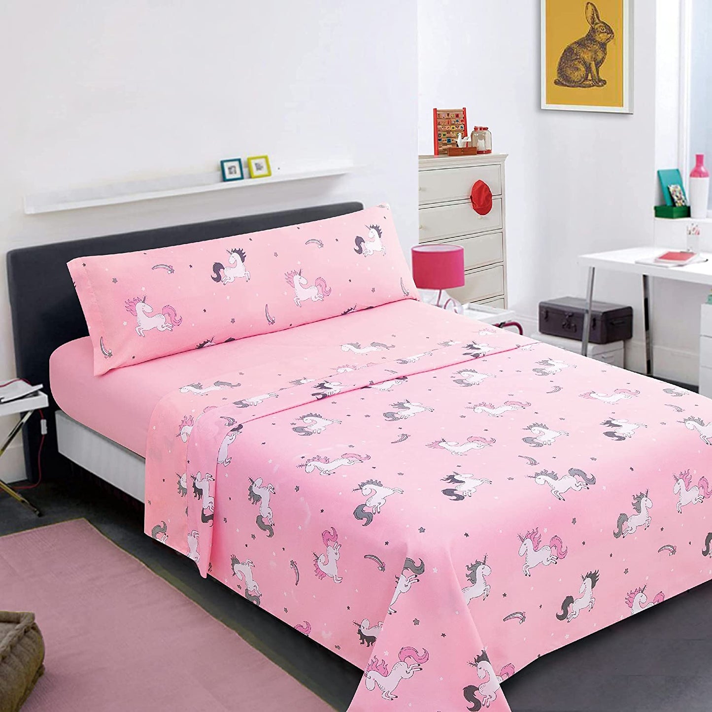 Juego de Sábanas Infantil para Cama 3 Piezas - 1 Sábanas Bajera Ajustable Cama 90cm con Encimera 165x260cm y 1 Funda de Almohada Larga Cama de 90x190-200cm