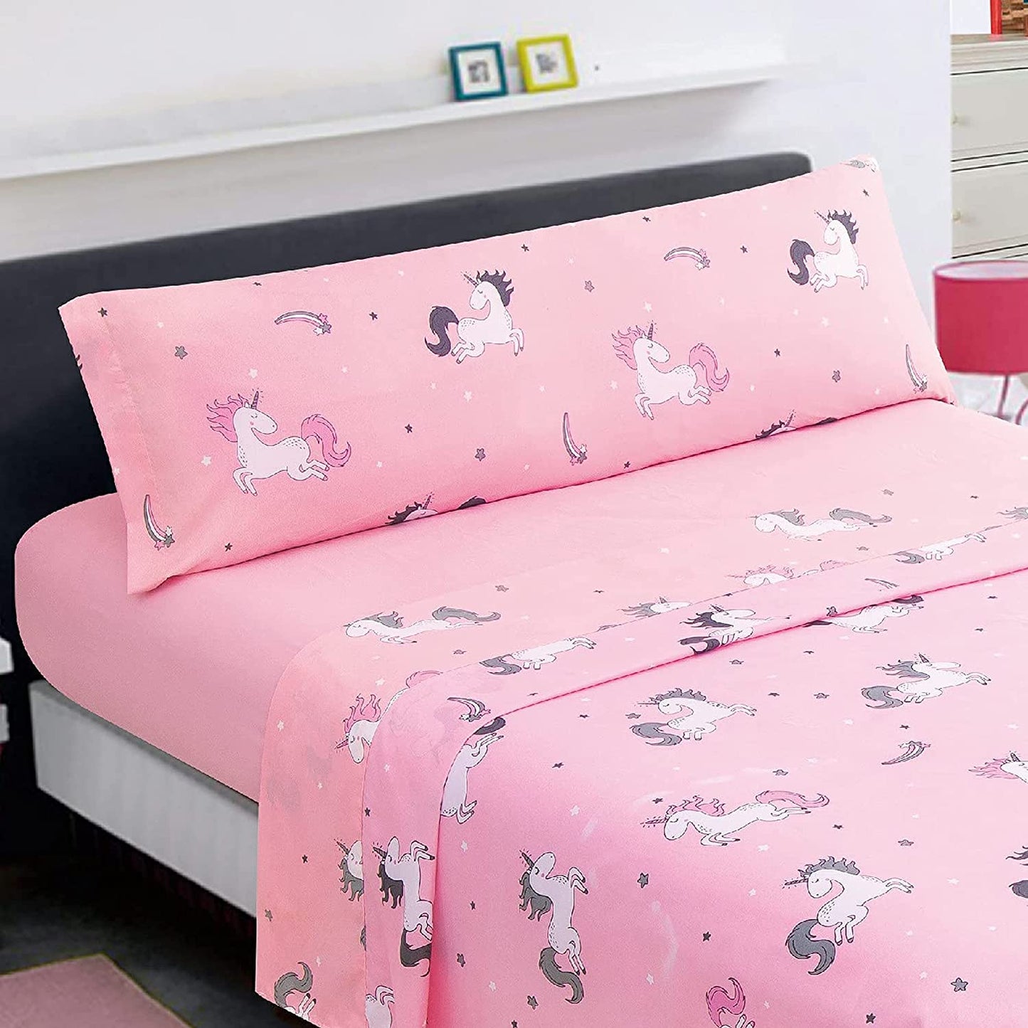 Juego de Sábanas Infantil para Cama 3 Piezas - 1 Sábanas Bajera Ajustable Cama 90cm con Encimera 165x260cm y 1 Funda de Almohada Larga Cama de 90x190-200cm